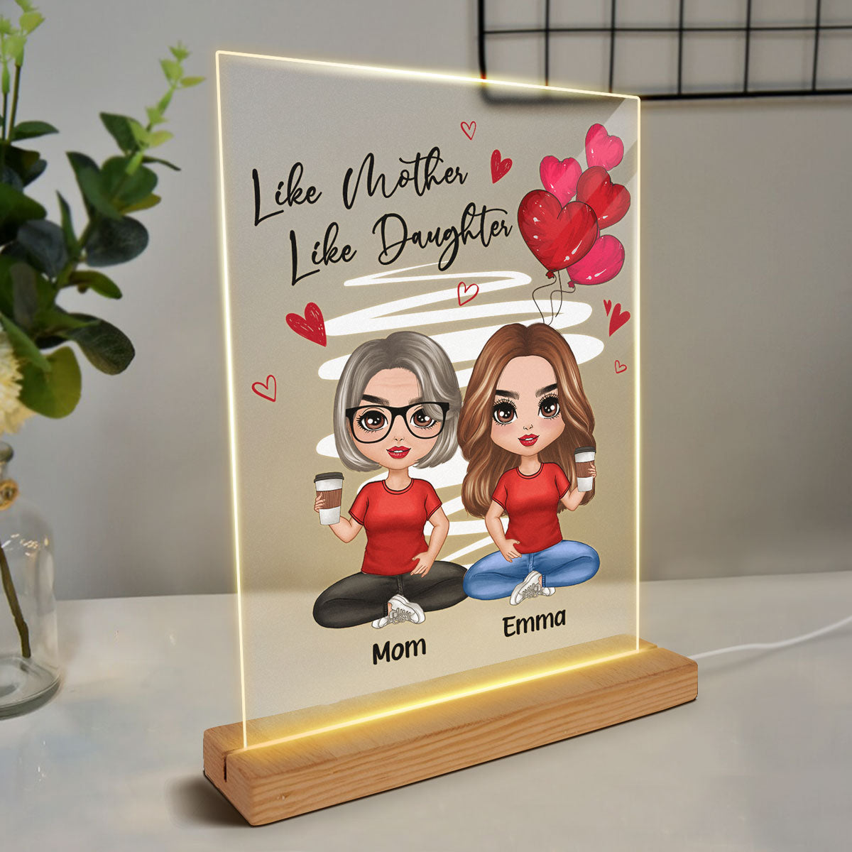 Red Hearts Like Mother Like Daughters Doll Mom And Daughters Sitting - Personalized Acrylic Block Plaque LED Night Light - Gift For Mom Daughters