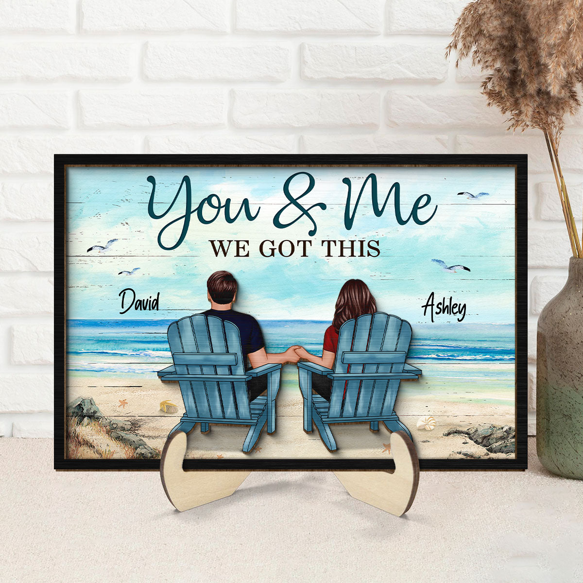 Back View Couple Sitting Beach Landscape Personalized 2-Layer Wooden Plaque