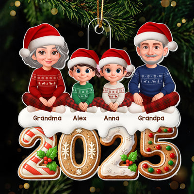 3D Effect Gingerbread Pattern Beautiful Grandma Grandpa Grandkids Together Christmas - Personalized Acrylic Ornament