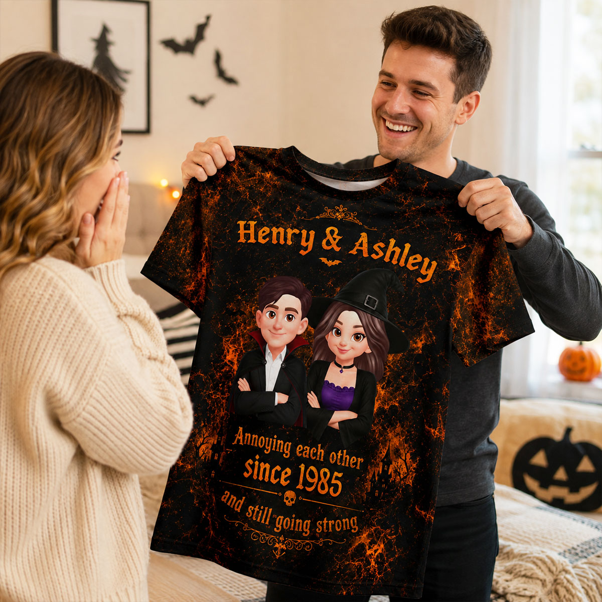 Retro Halloween Couple - Personalized Shirt - Halloween Matching Shirts for Couple, Anniversary Gift for Him, for Her
