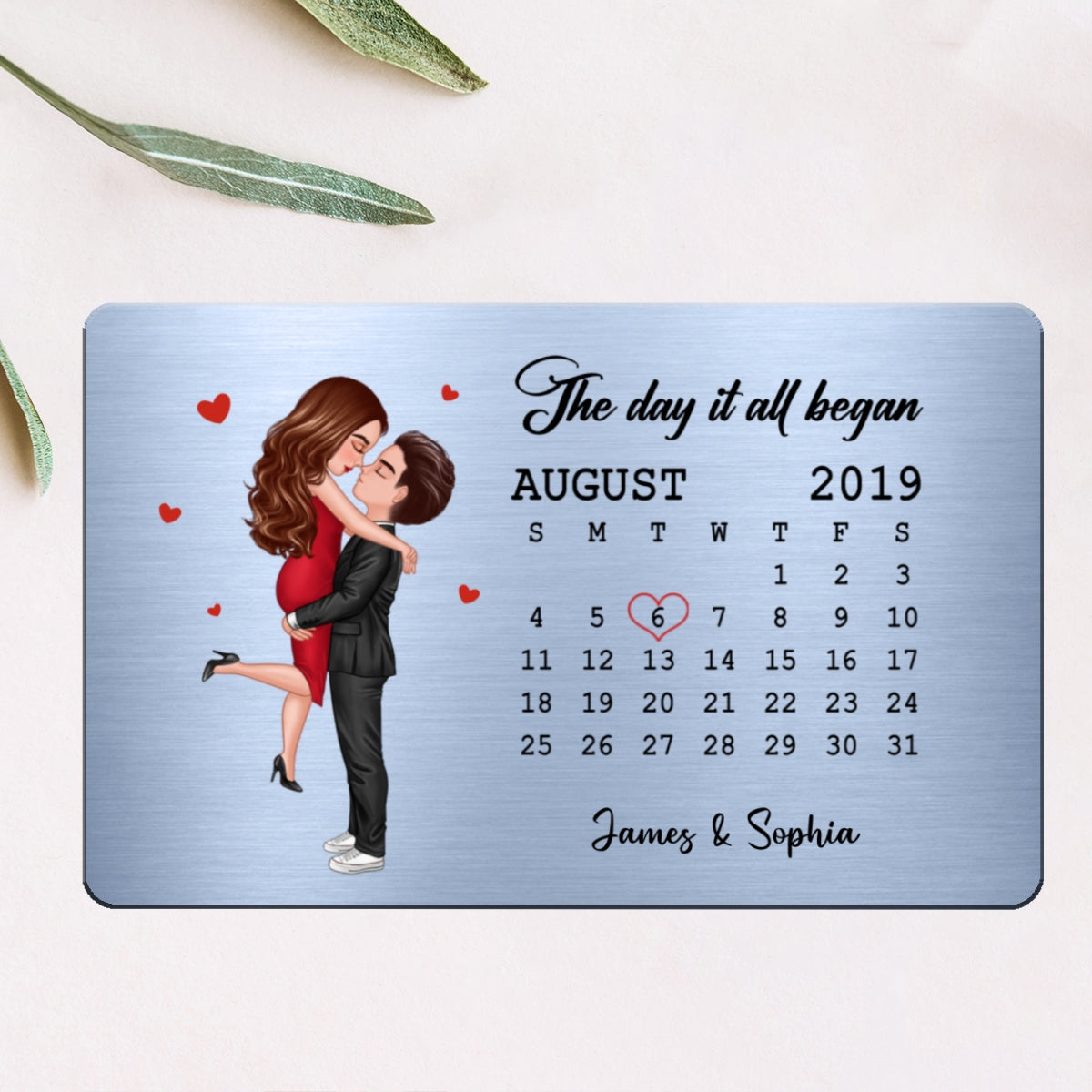 The Day It All Began Hugging Kissing Couple Anniversary Date Personalized Wallet Insert Metal Wallet Card