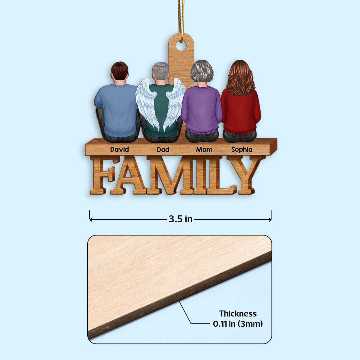 Family Sitting Back View On Word Christmas Gift Personalized Wooden Ornament