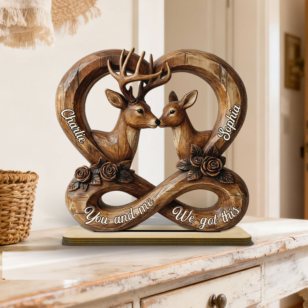 3D Effect Deer Couple Eternal Love - Personalized 2-Layer Wooden Plaque - Gift For Him, Gift For Her