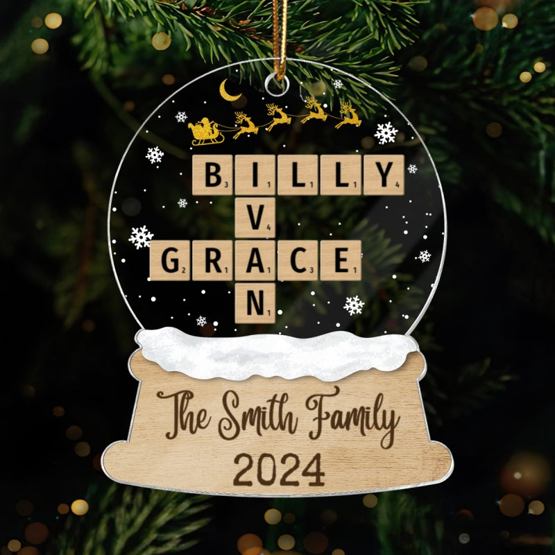 Snow Globe Christmas Sleigh Family Puzzle Crossword Personalized Acrylic Ornament, Christmas Gift For Family