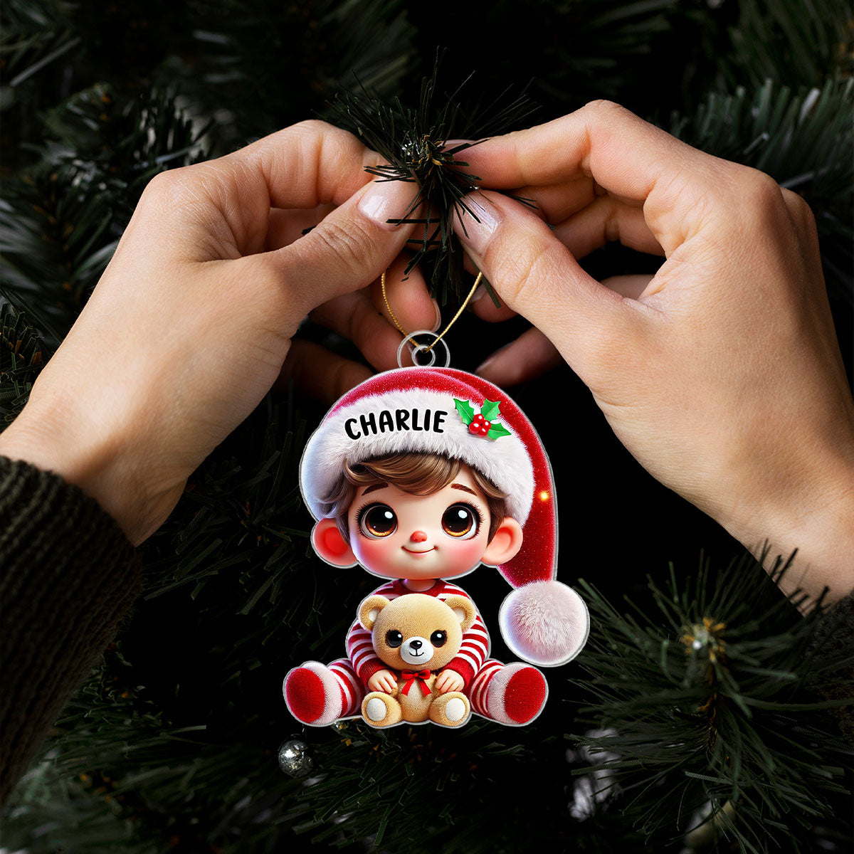 Kid Boy Girl Holding A Teddy Bear Personalized Acrylic Ornament, Christmas Gift for Children, Grandchildren