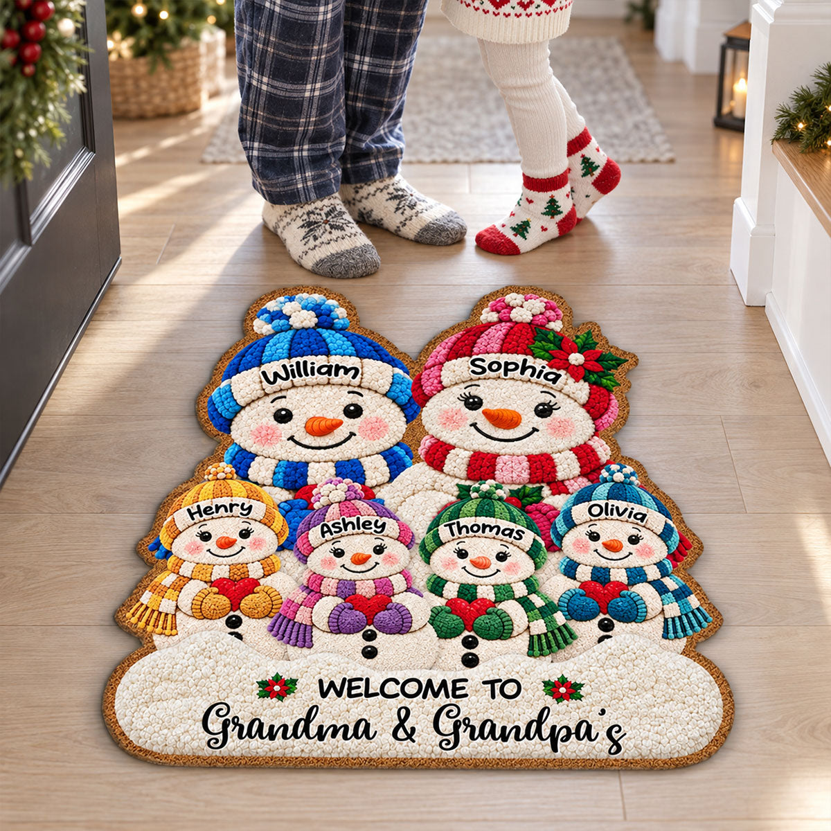 Cute Snowman Grandparents & Grandkids 2D Flat Printed - Personalized Doormat - Christmas Decor For Grandparents, Family