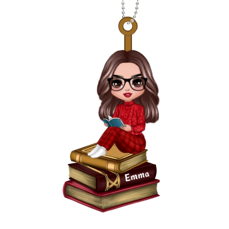 Reading Girls Sitting On Books Personalized Wooden Ornament