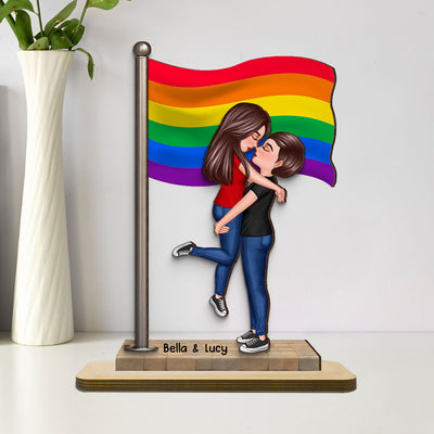 LGBT Couple Hugging Kissing Flag Personalized 2-Layered Standing Wooden Plaque, Pride Month Gift, Anniversary Gift