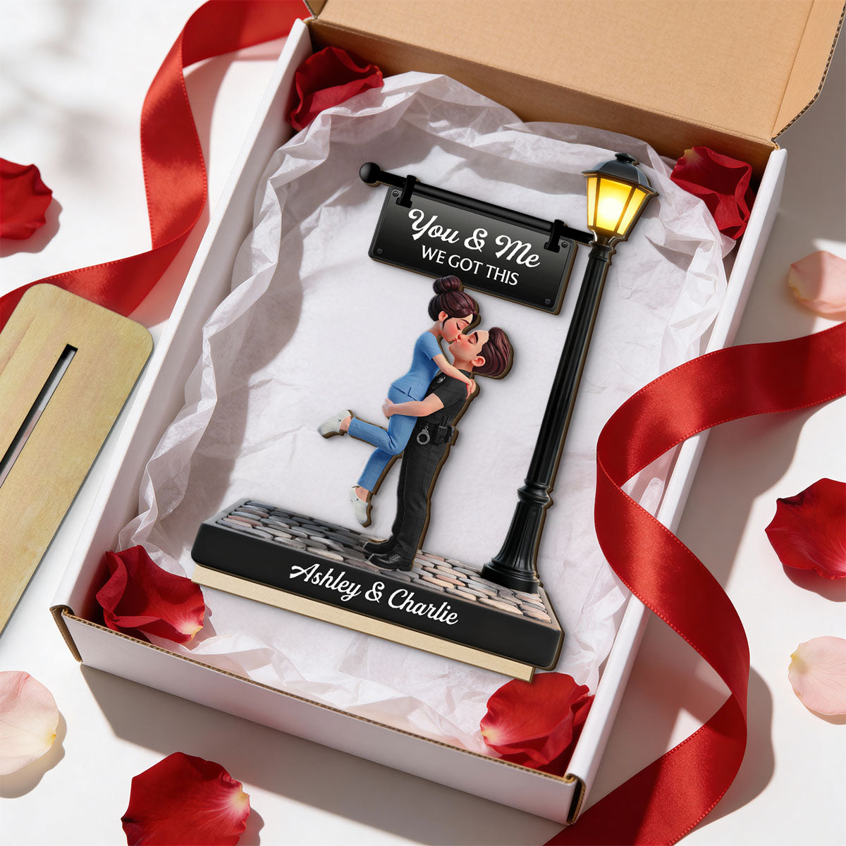 Proud Hero Couple Under Lamp Post - Personalized 2-Layered Wooden Plaque - Valentine's Day Gift For Couple, For Him, For Her, Nurse, Police, Firefighter, Army
