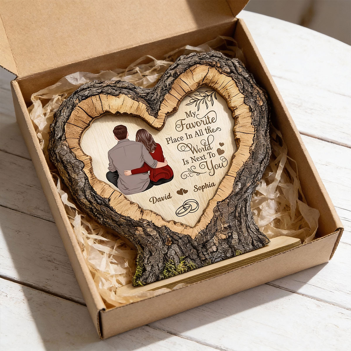 Favorite Place Next To You Couple Sitting 2D Flat - Personalized 2-Layered Wooden Plaque - Anniversary Gift, Valentine's Gift For Him, For Her