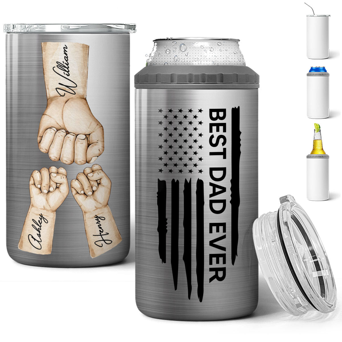 Best Dad Papa Grandpa Ever Fist Bumps Watercolor Nation Flag Gift For Husband Father Figures Personalized 4 In 1 Can Cooler