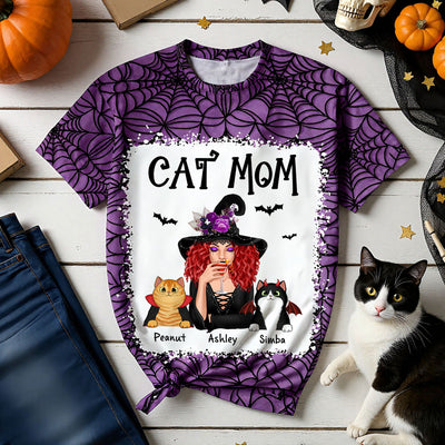 Halloween Spider Web Witch Cat Mom Personalized Shirt, Spooky Halloween Costume For Cat Lovers