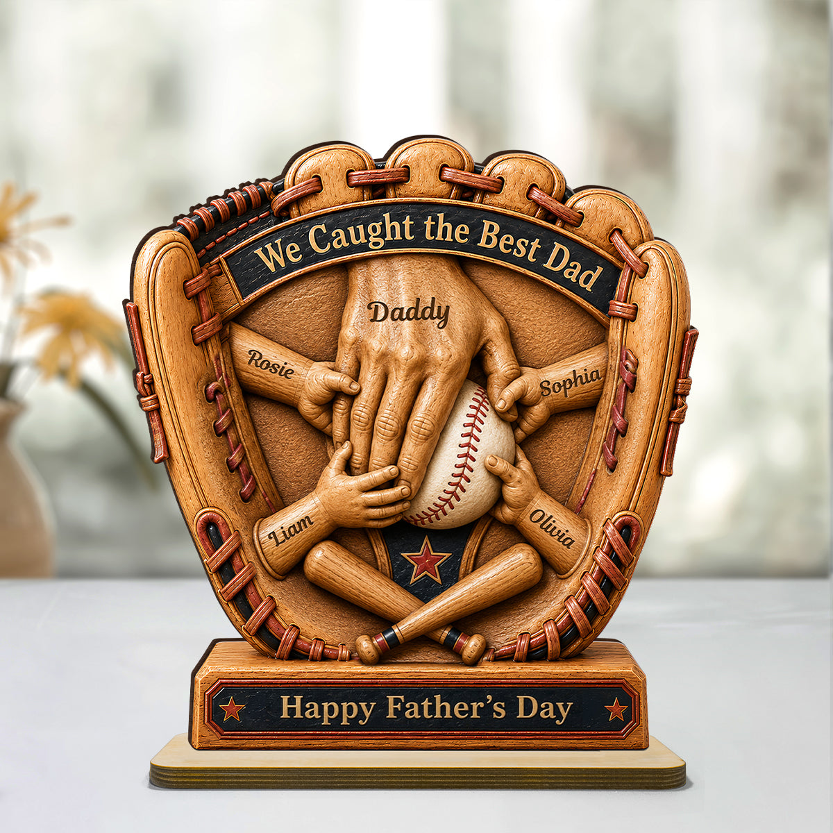 Baseball Glove Dad & Kids' Hands - Personalized 2-Layered Wooden Plaque - Father's Day Gift For Dad, Husband