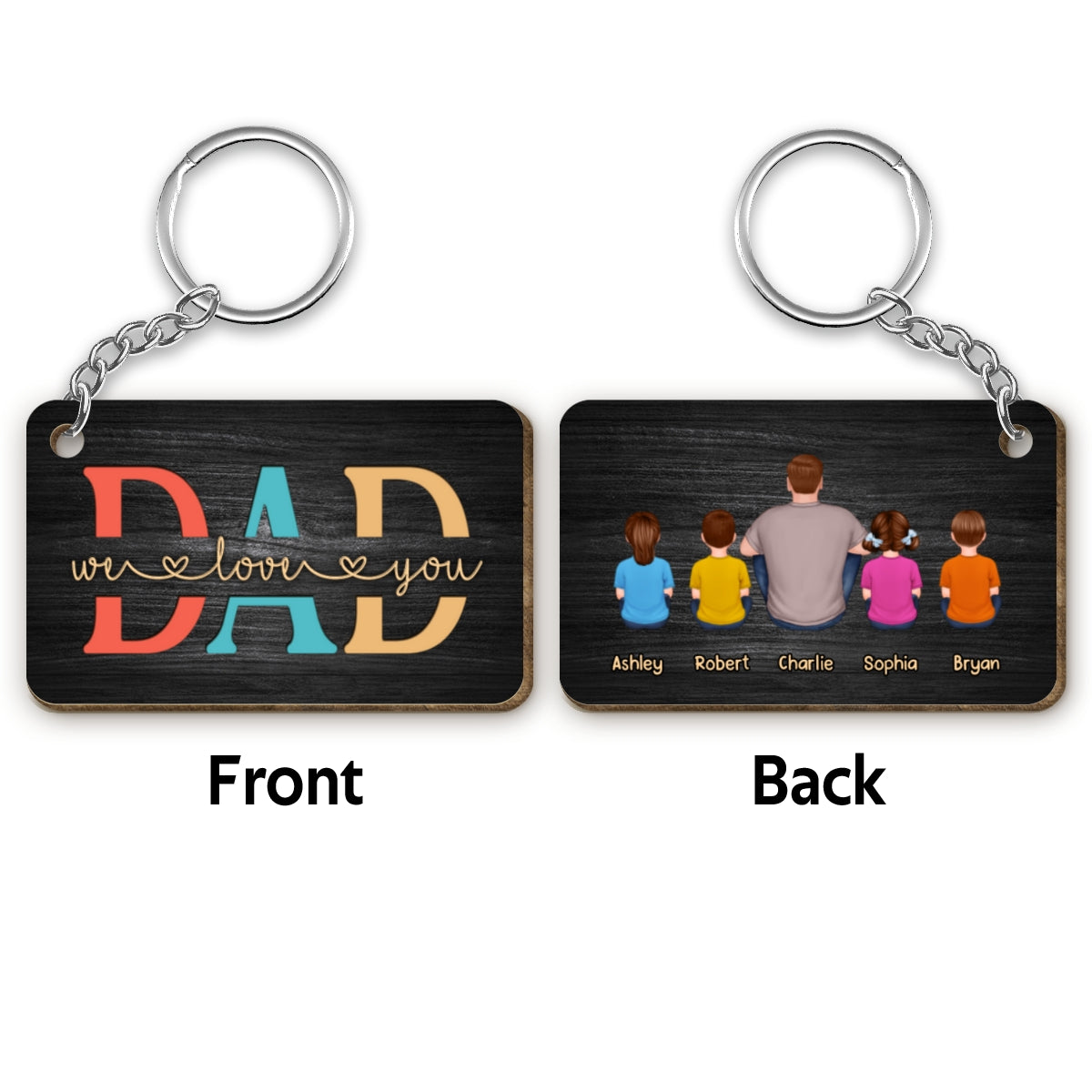 Dad Kids Dogs Cats Retro And Black Background Personalized Wooden Keychain