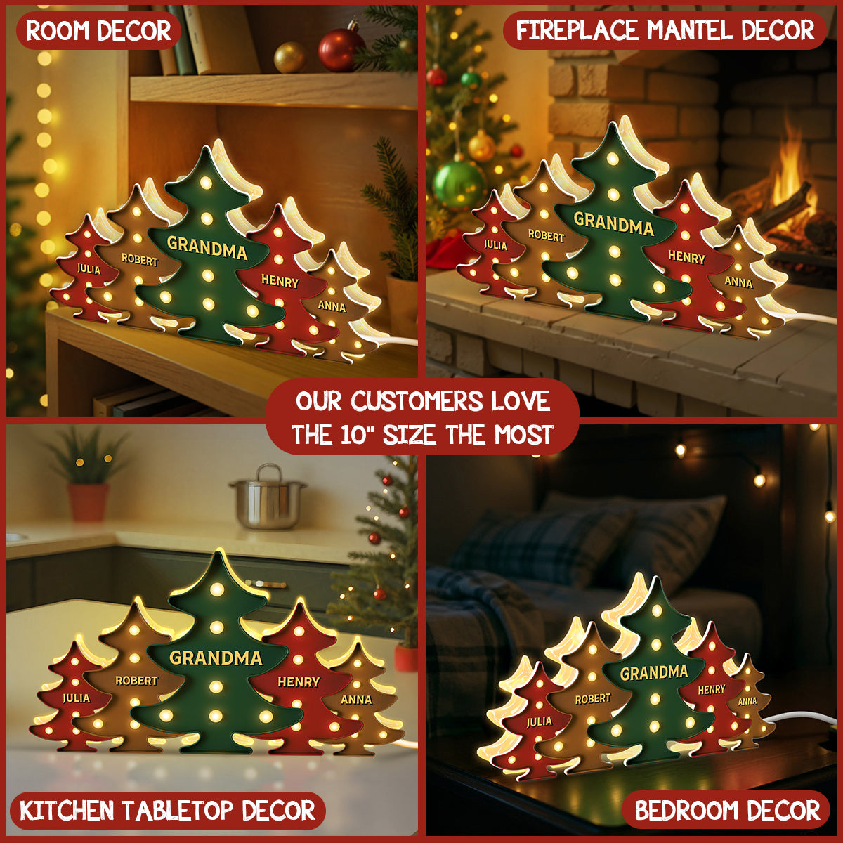 3D Effect Retro Vintage Christmas Tree Grandma Grandkids - Personalized Light Box - Gift For Grandmas