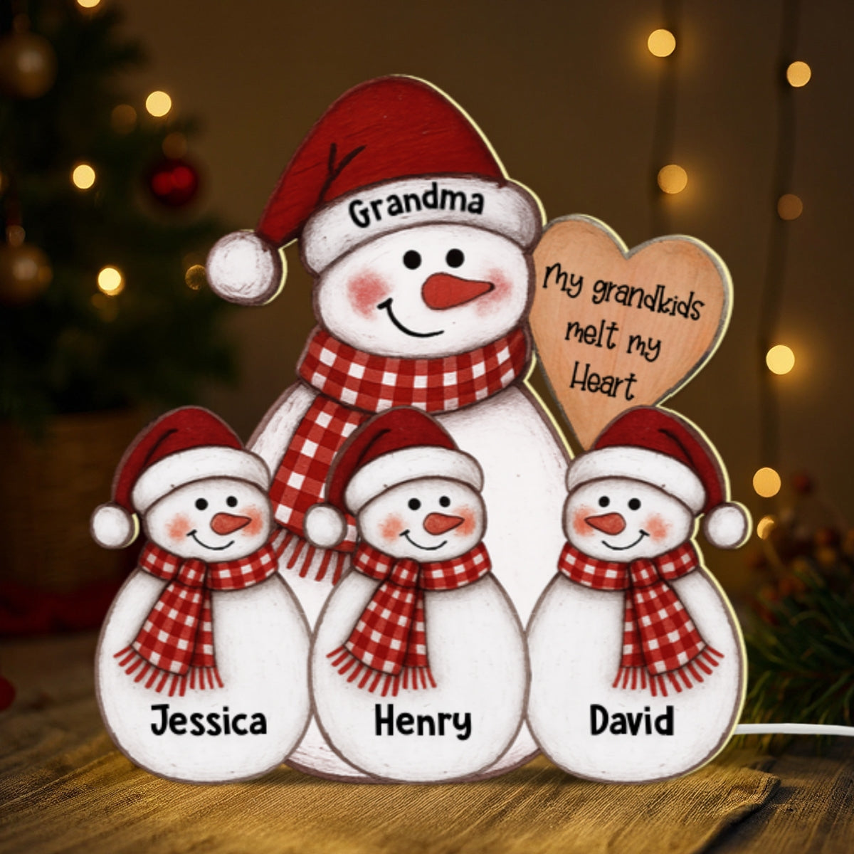 Folk Art Cute Snowman Grandma & Grandkid - Personalized Light Box - Christmas Decor For Grandma