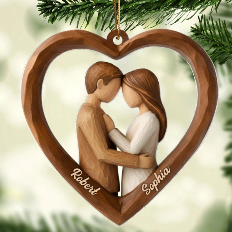 Couple Heart Love 3D Wooden Effect - Personalized Acrylic Ornament - Christmas Gift for Couples