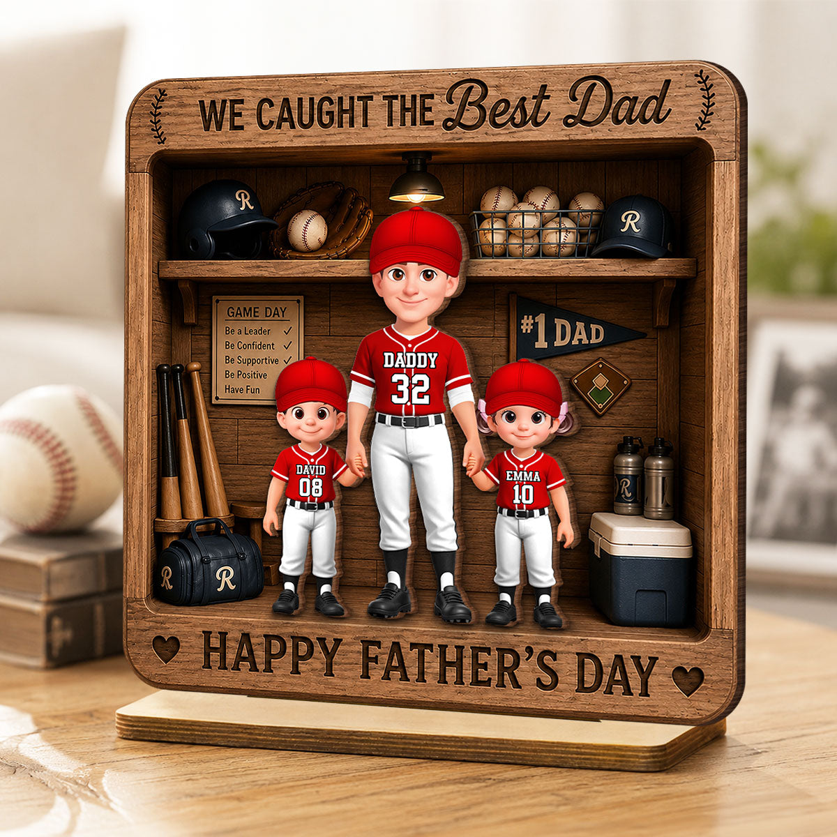 Baseball Dad & Kids Locker Room - Personalized 2-Layered Wooden Plaque - Father's Day Gift For Dad, Husband
