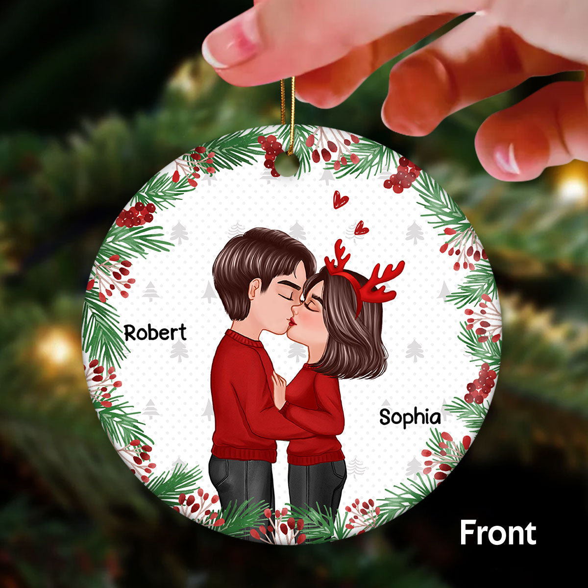 Doll Couple Kissing Anniversary Date Christmas Gift Personalized Double Sided Circle Ornament