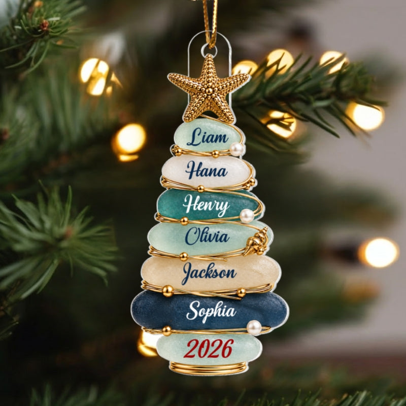 Custom Family Christmas Tree 2D Flat - Personalized Acrylic Ornament - Beach Coastal Keepsake, Grandkids Gift