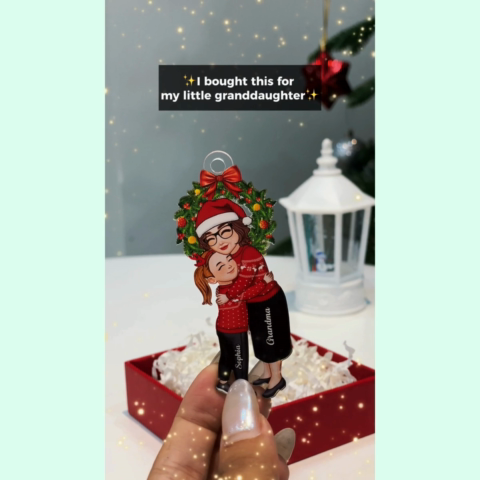 Grandma & Grandkid Hugging Under Christmas Wreath Gift For Granddaughter Grandson Personalized Acrylic Ornament