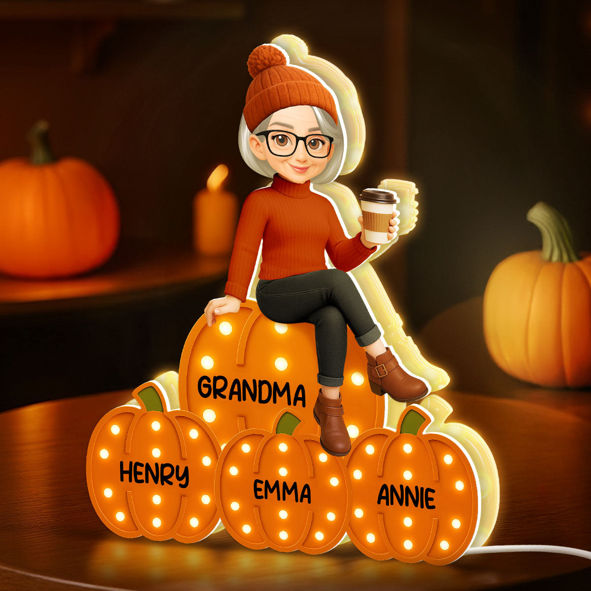 Grandma Mom Sitting On Pumpkins Marquee Pattern Effect Personalized LED Light Box, Cozy Fall Vibe Home Decoration