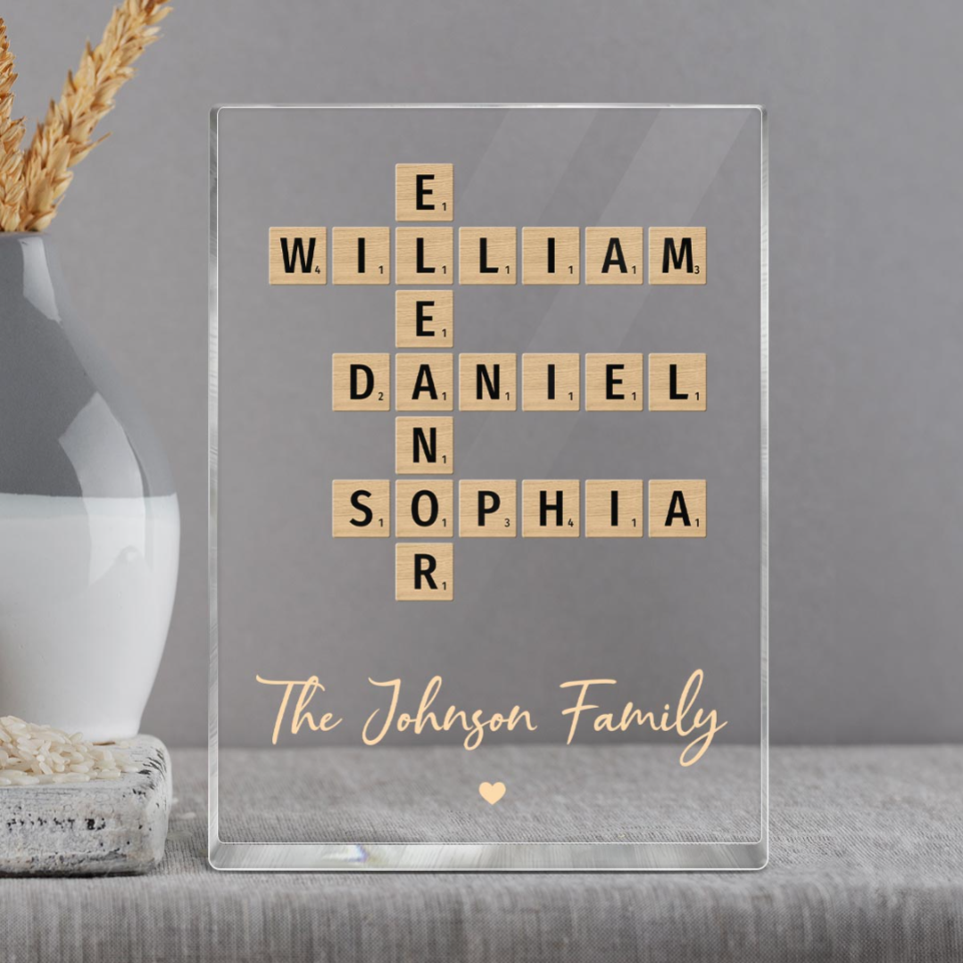 Family Crossword Art Created In A Moment, Treasured Forever - Personalized Acrylic Block Plaque
