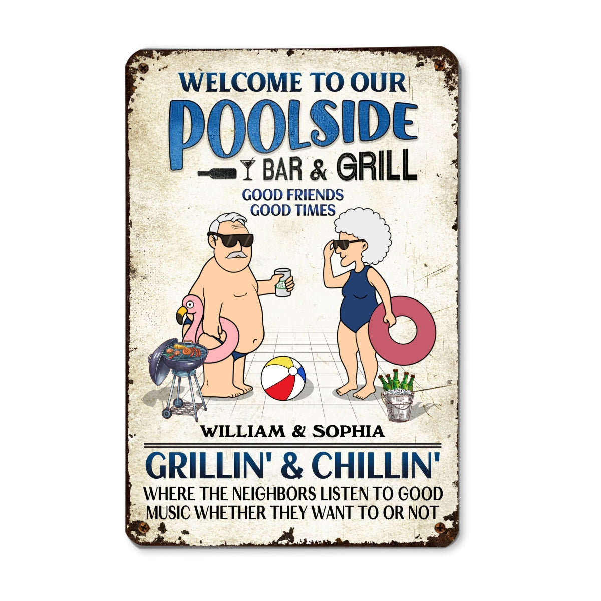 Welcome To Our Poolside Funny Old Couple Personalized Metal Sign