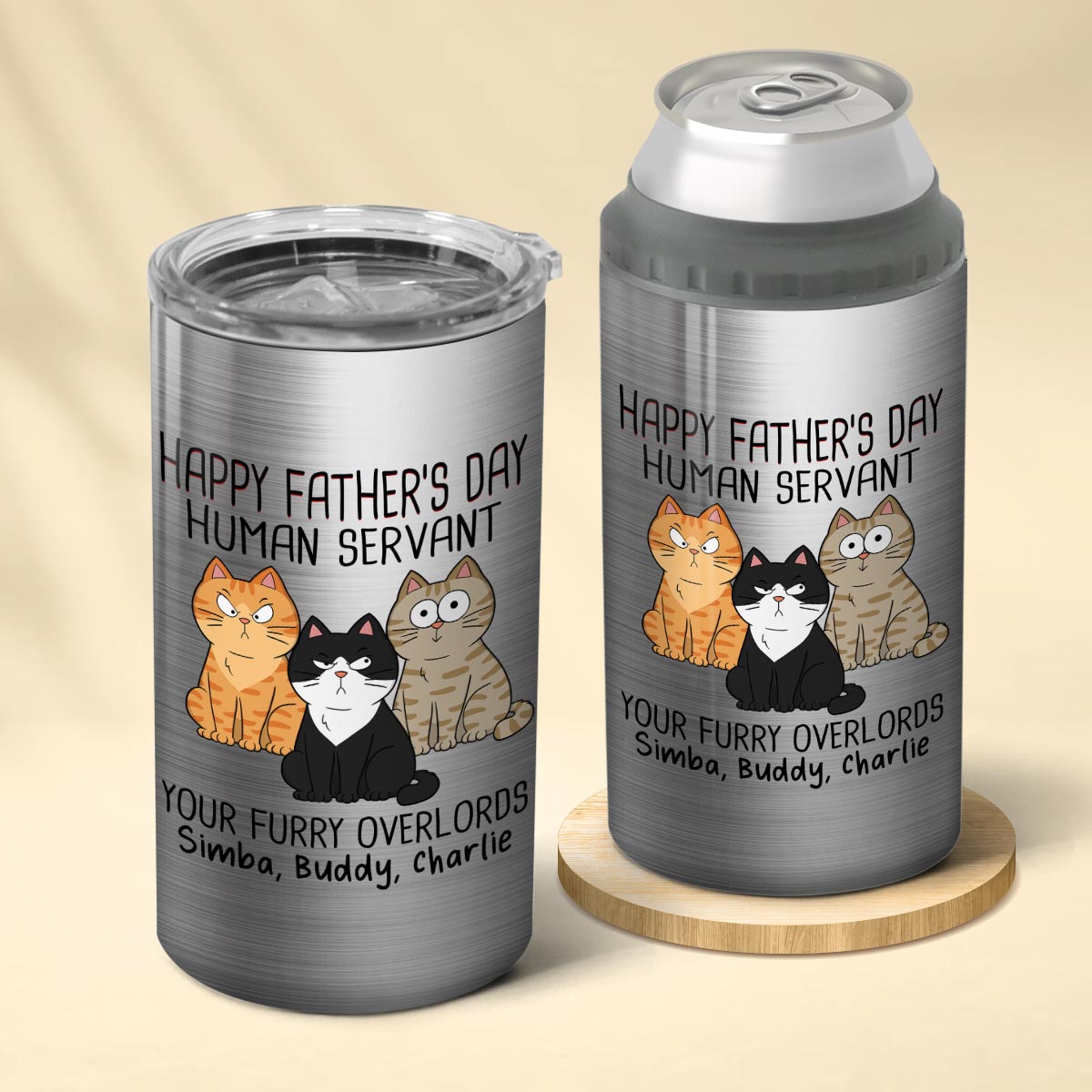 Happy Father‘s Day Human Servant Funny Cute Cats Personalized Can Cooler, Gift For Cat Dad