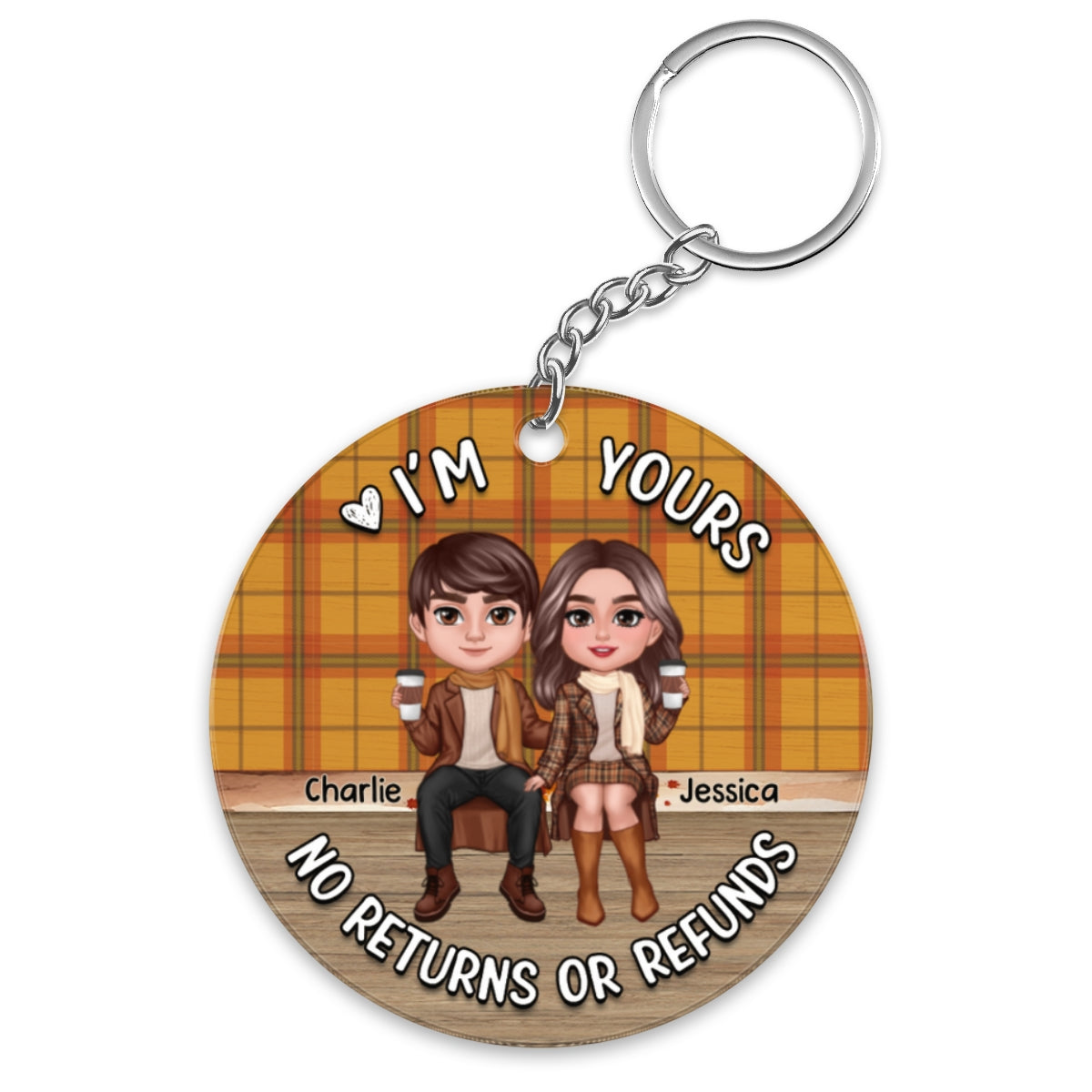 Fall Season Checkered Pattern Couple Sitting Personalized Acrylic Keychain