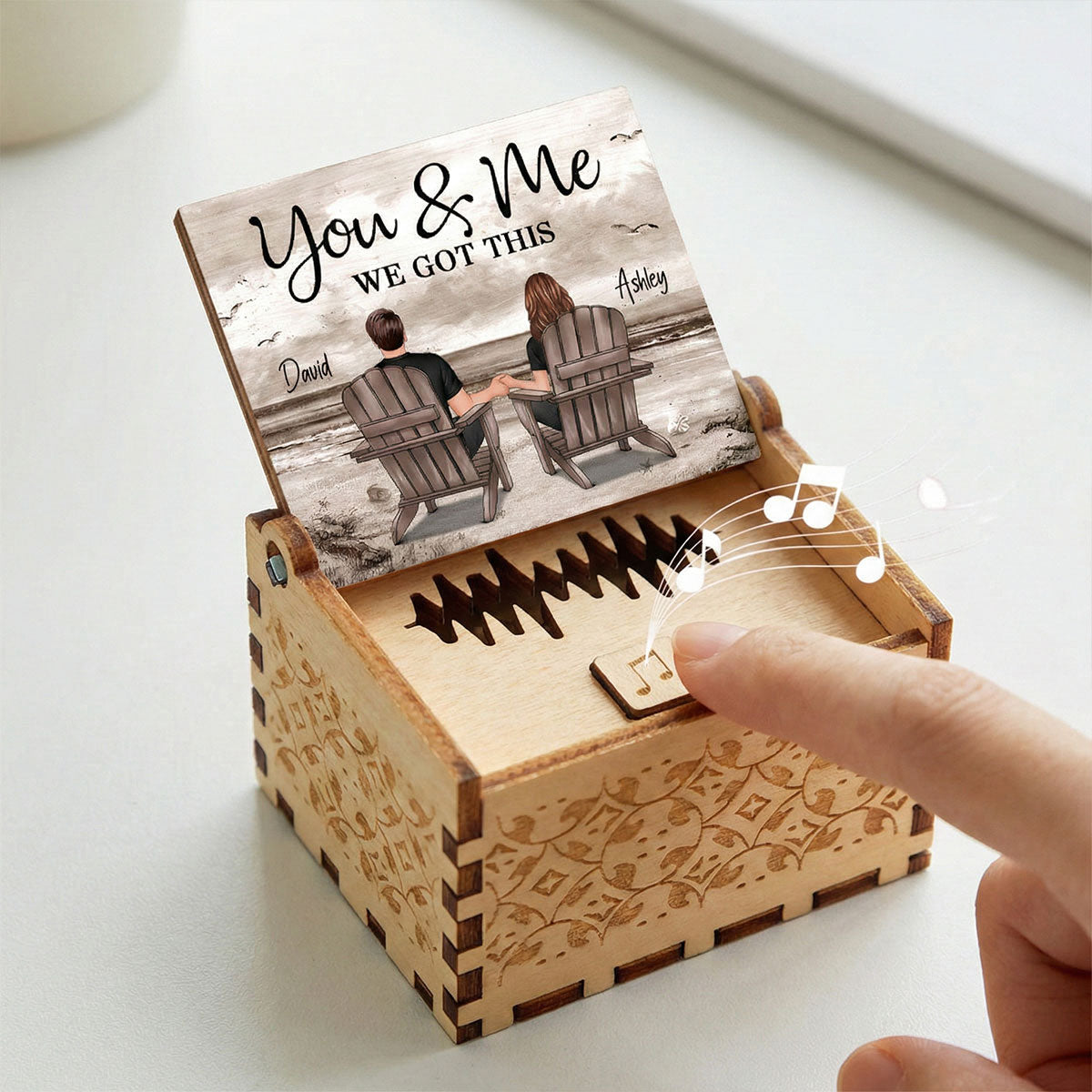 Eternal Love Couple Retro Beach Landscape - Personalized Wooden Music Box - Valentine's Day Gift For Couple