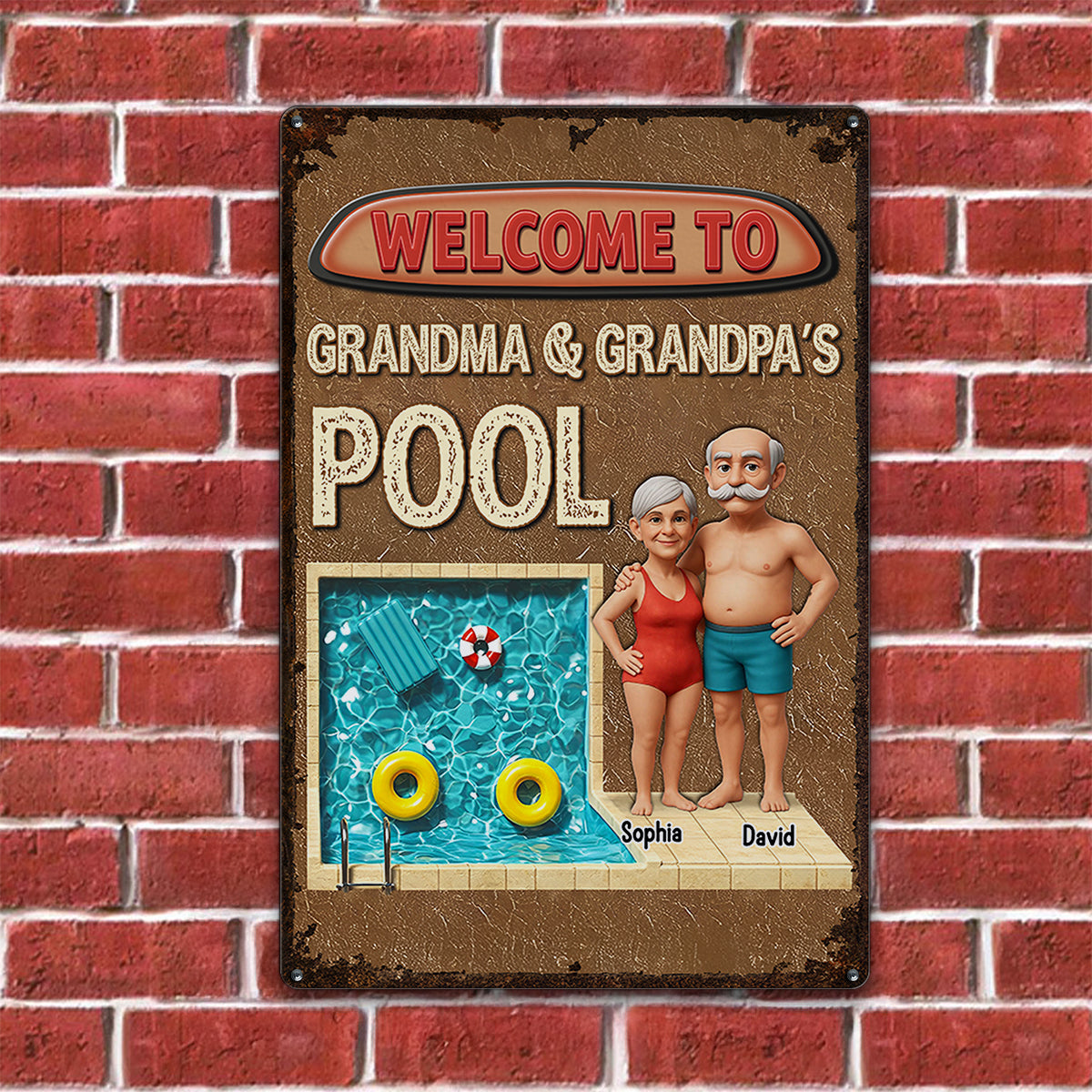 3D Effect Welcome To Grandma Grandpa Pool Personalized Metal Sign