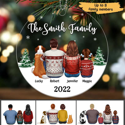 Christmas Family Dad Mom Kids Dogs Cats Circle Shape Personalized Acrylic Ornament
