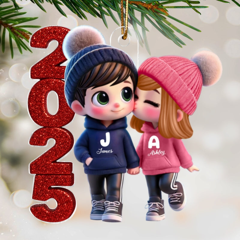 3D Glitter Effect 2025 Cute Cartoon Couple Walking - Personalized Acrylic Ornament - Gift for Him, Gift for Her