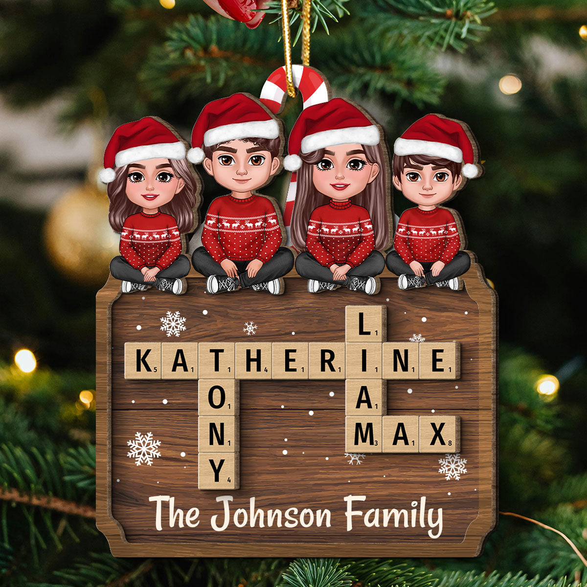 Animated Family Sitting On Crossword Puzzle Board Personalized 2-Layer Wooden Ornament