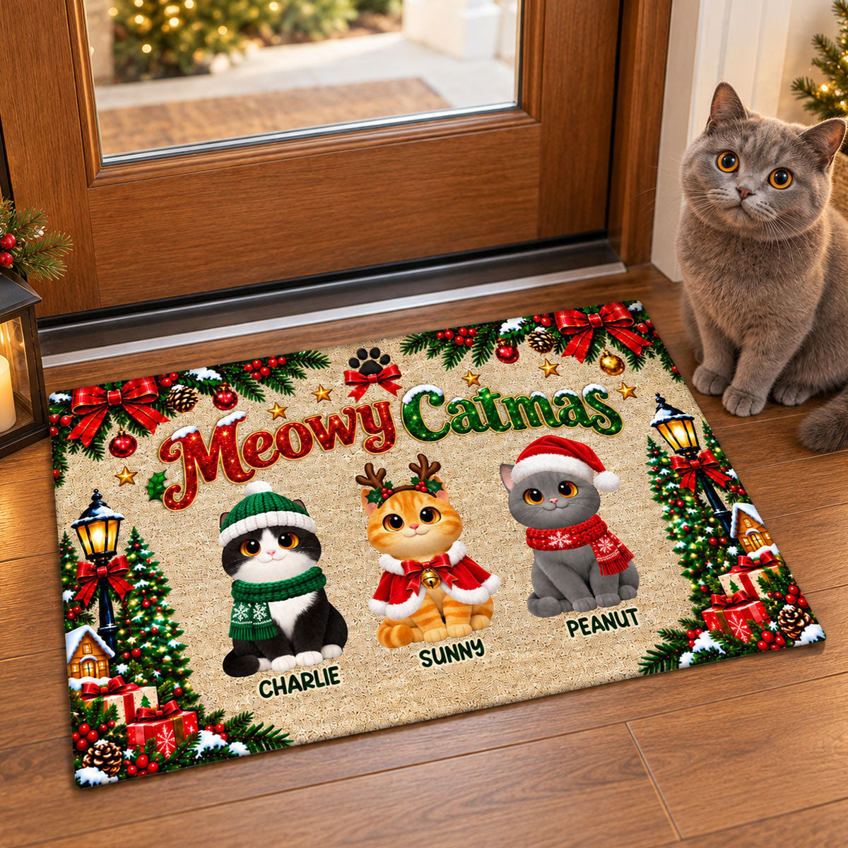 Christmas Meowy Catmas Cute Cats - Personalized Doormat - Christmas Gift For Cat Lovers, Christmas Decor