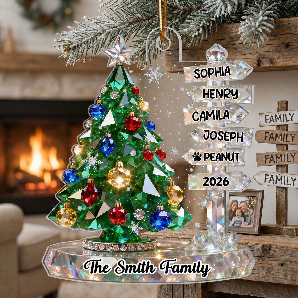 3D Crystal Effect Family Christmas Tree Sign Posts - Personalized Acrylic Ornament - Gift For Family