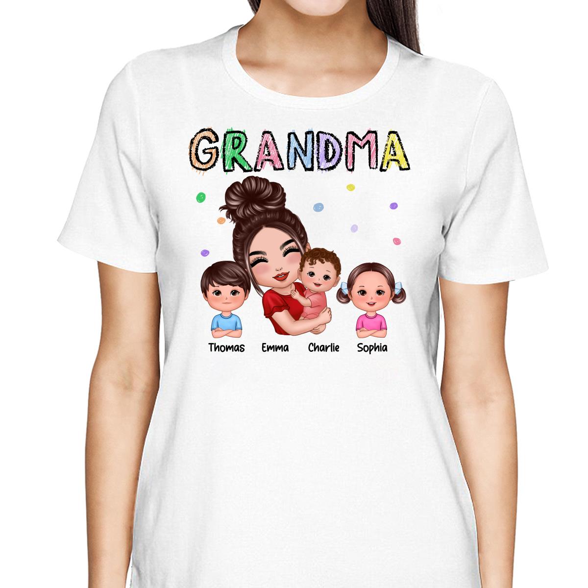 Crayon Text Doll Grandma Hugging Kids Personalized Shirt