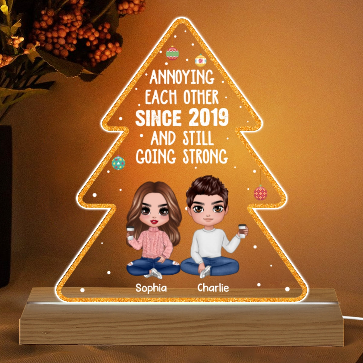 Doll Couple Sitting Annoying Each Other Since Personalized Christmas Tree Shaped Acrylic Plaque With LED Night Light
