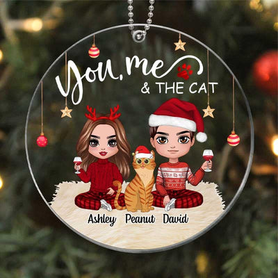 Doll Couple Sitting With Cats Christmas Personalized Acrylic Ornament