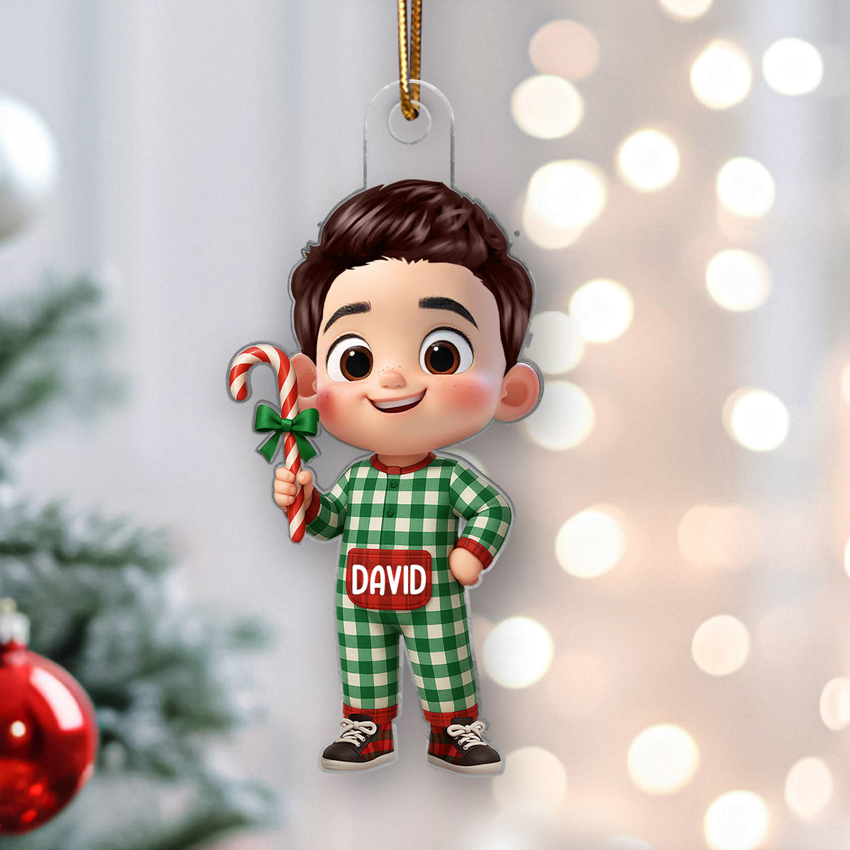 Cute Kids Pajama Personalized Christmas Ornaments, Christmas Gift for Kids, Grandkids, Plaid pajamas