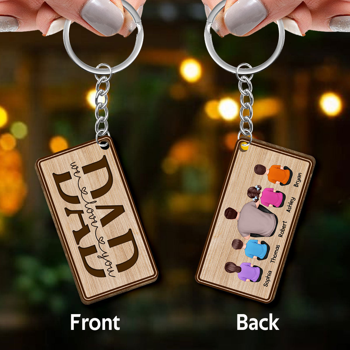 TRENDINGCUSTOM Best Dad Ever Back View Sitting Man Kids Dog Cat Border Personalized Wooden Keychain
