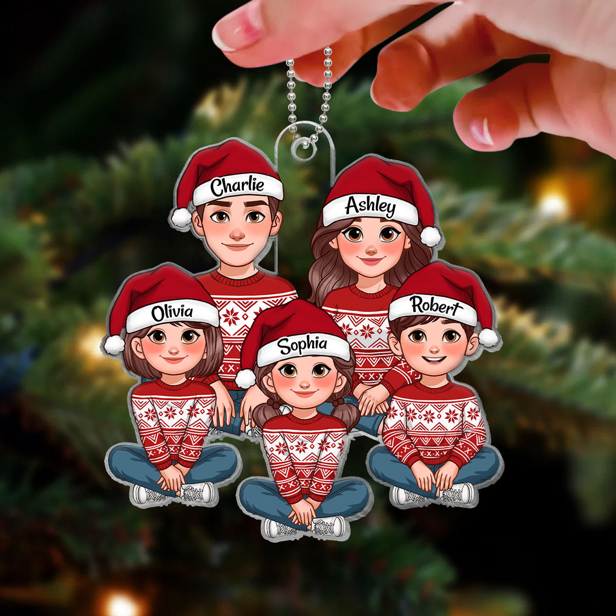 Animated Family Sitting Together Christmas Personalized Acrylic Ornament