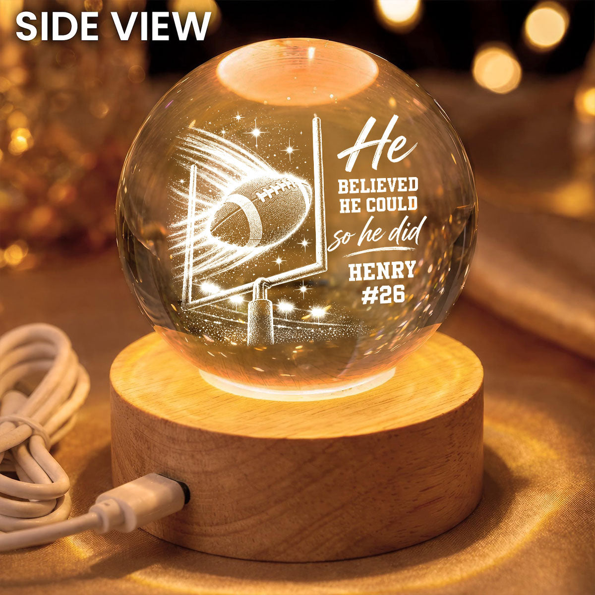 Proud American Football Player Name And Number - Personalized Crystal Ball - Christmas Gift For Teenagers, American Football Players, American Football Lovers, Daughter, Granddaughter, Son, Grandson