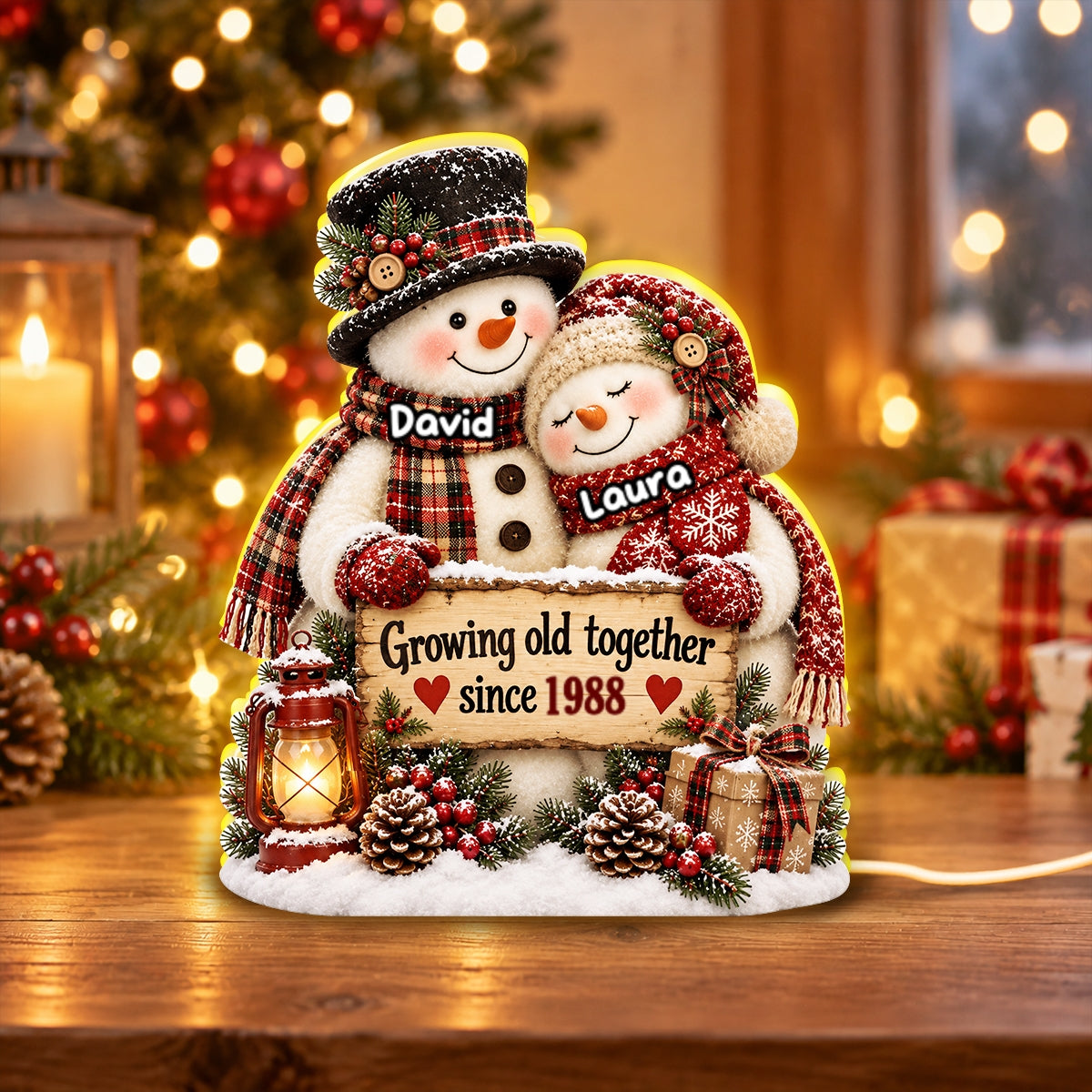 Snowman Couple Hugging Growing Old Together - Personalized Light Box - Heartfelt Christmas Gift for Her, for Him