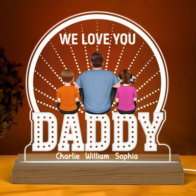 Back View Man Sitting With Kids Dogs Cats Sitting On Words Personalized Custom Shape Acrylic Plaque Warm LED Night Light