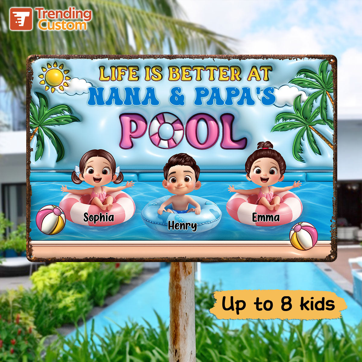 Life Is Better At Grandpa Grandma Pool 3D Inflated Effect Personalized Metal Sign, Grandchildren Welcome Sign