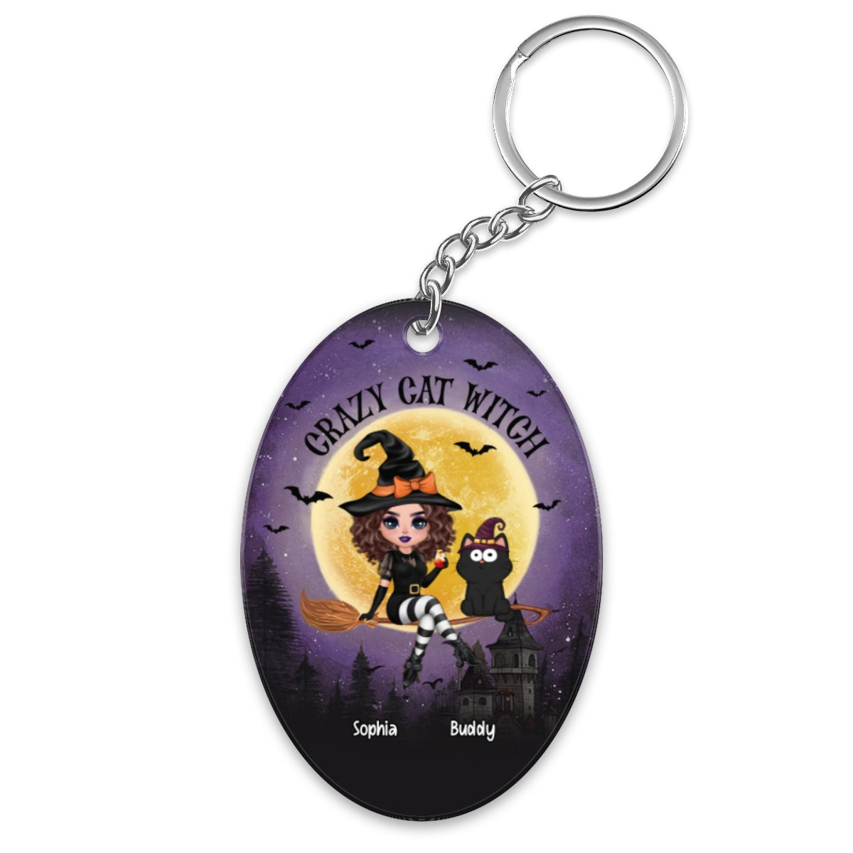 Halloween Flying Witch With Cats Personalized Acrylic Keychain