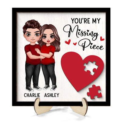 Standing Hugging Couple Missing Piece Red Heart Valentine‘s Day Gift For Her Gift For Him Personalized 2-Layer Wooden Plaque