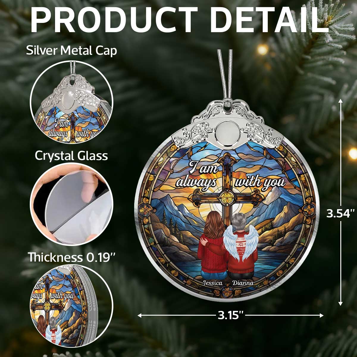 Always With You Holy Cross Stained Glass Effect - Personalized Glass Ornament With Silver Cap - Christmas Memorial Keepsake For Family